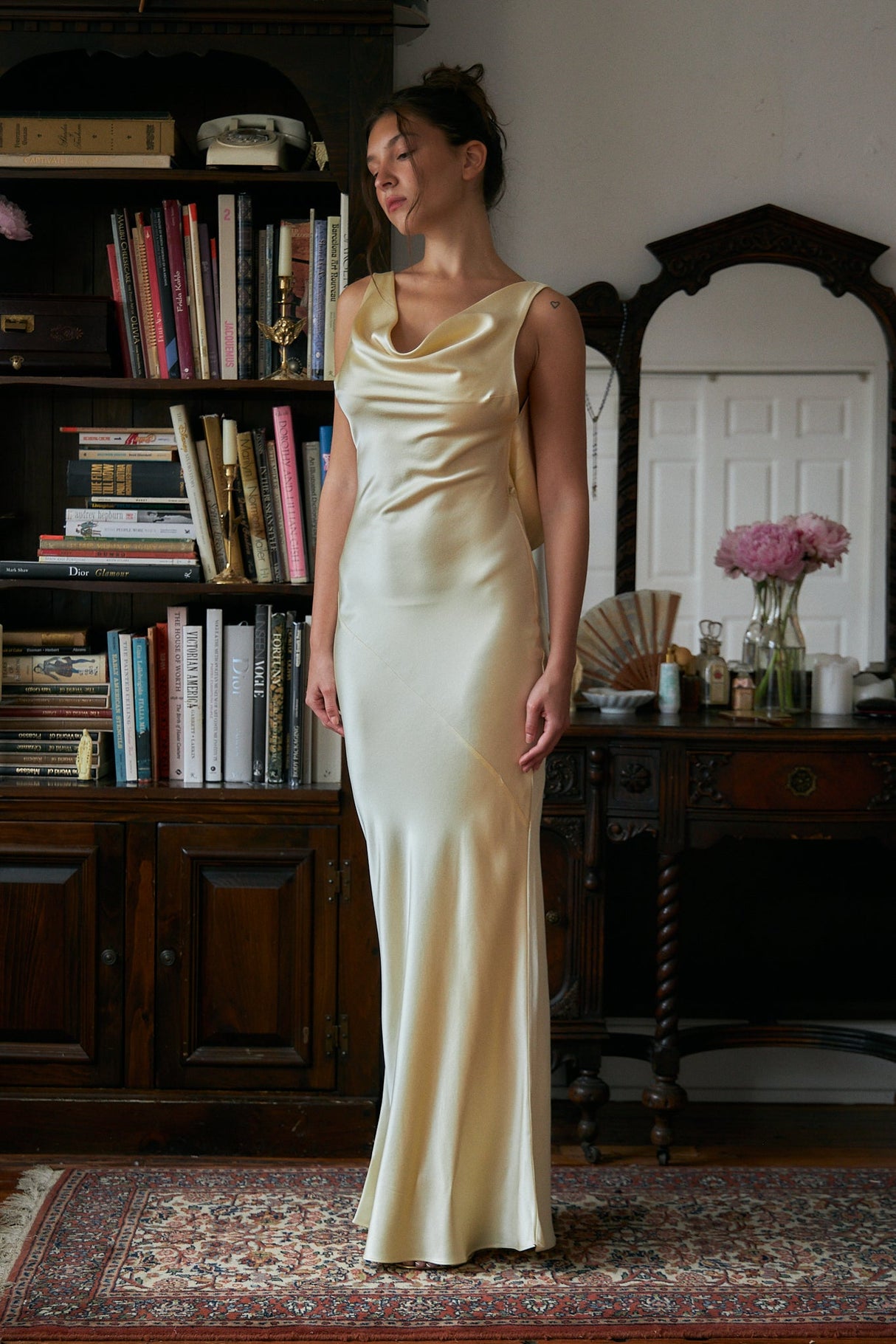 Plunging Back Cowl Dress in Butter