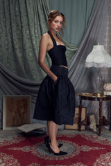 Satin Ribbon Halter Top in Noir