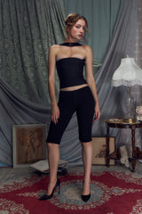 Satin Ribbon Halter Top in Noir